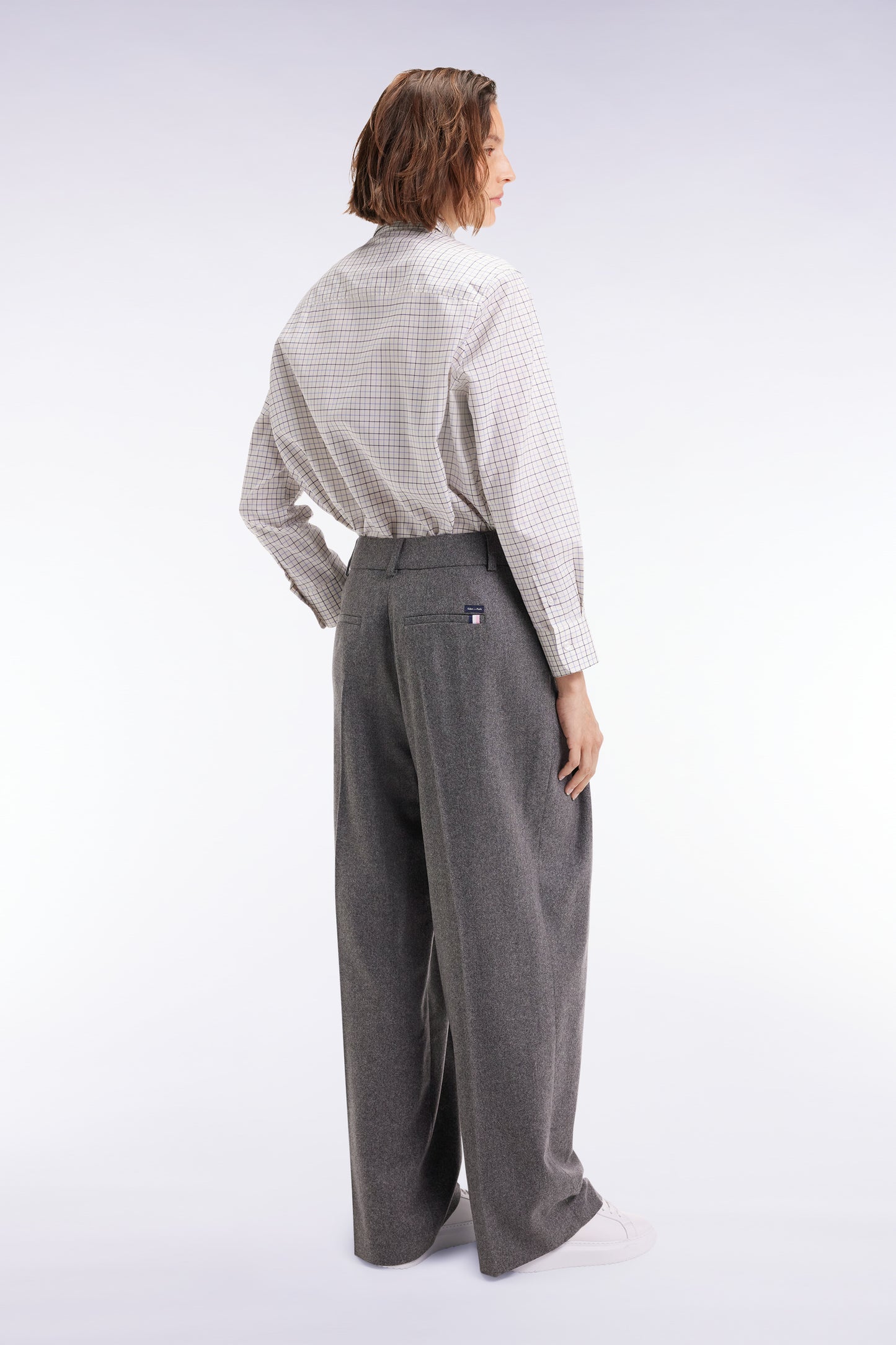 Grey wool flannel wide-leg suit pants
