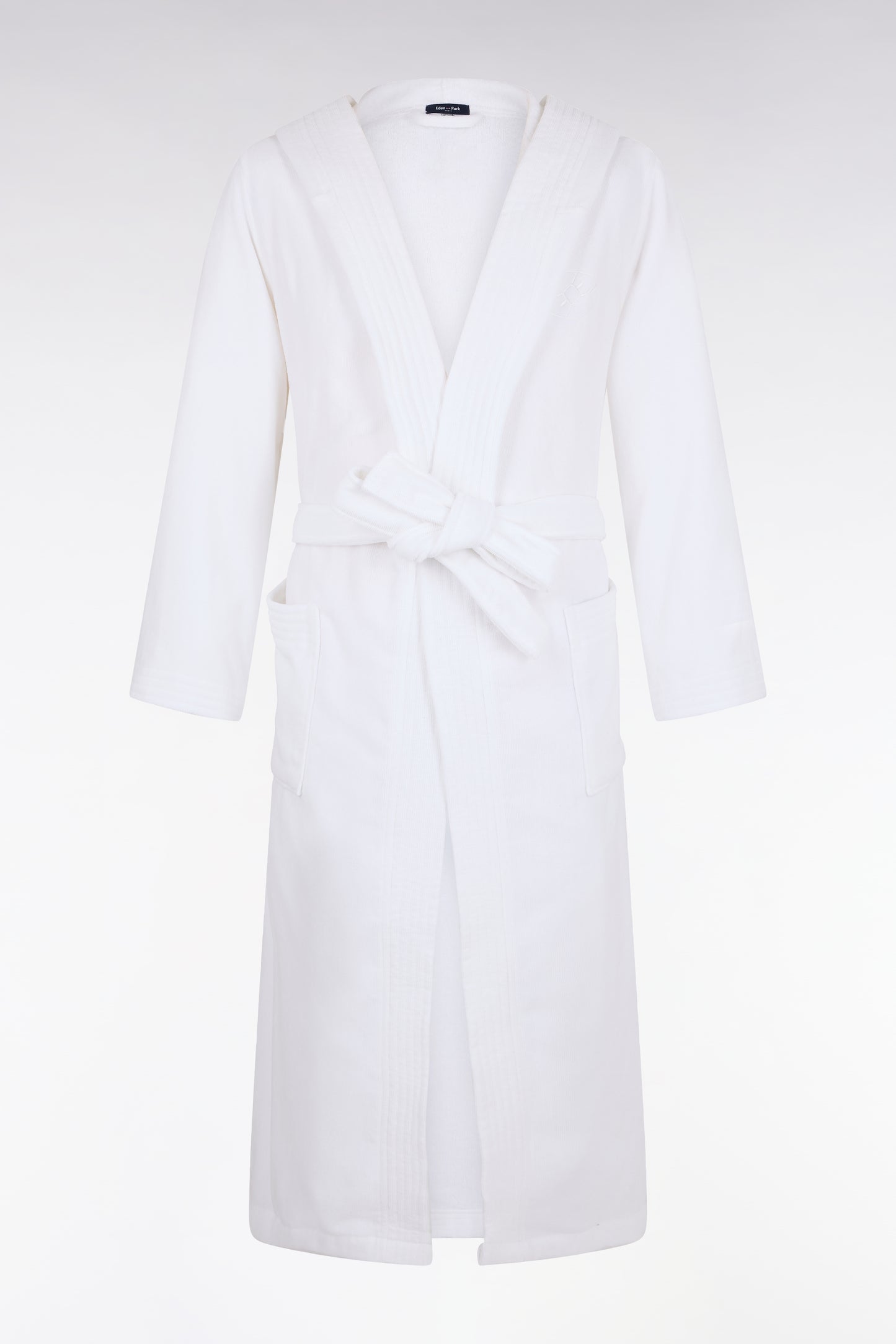 White cotton terry blend hooded bathrobe