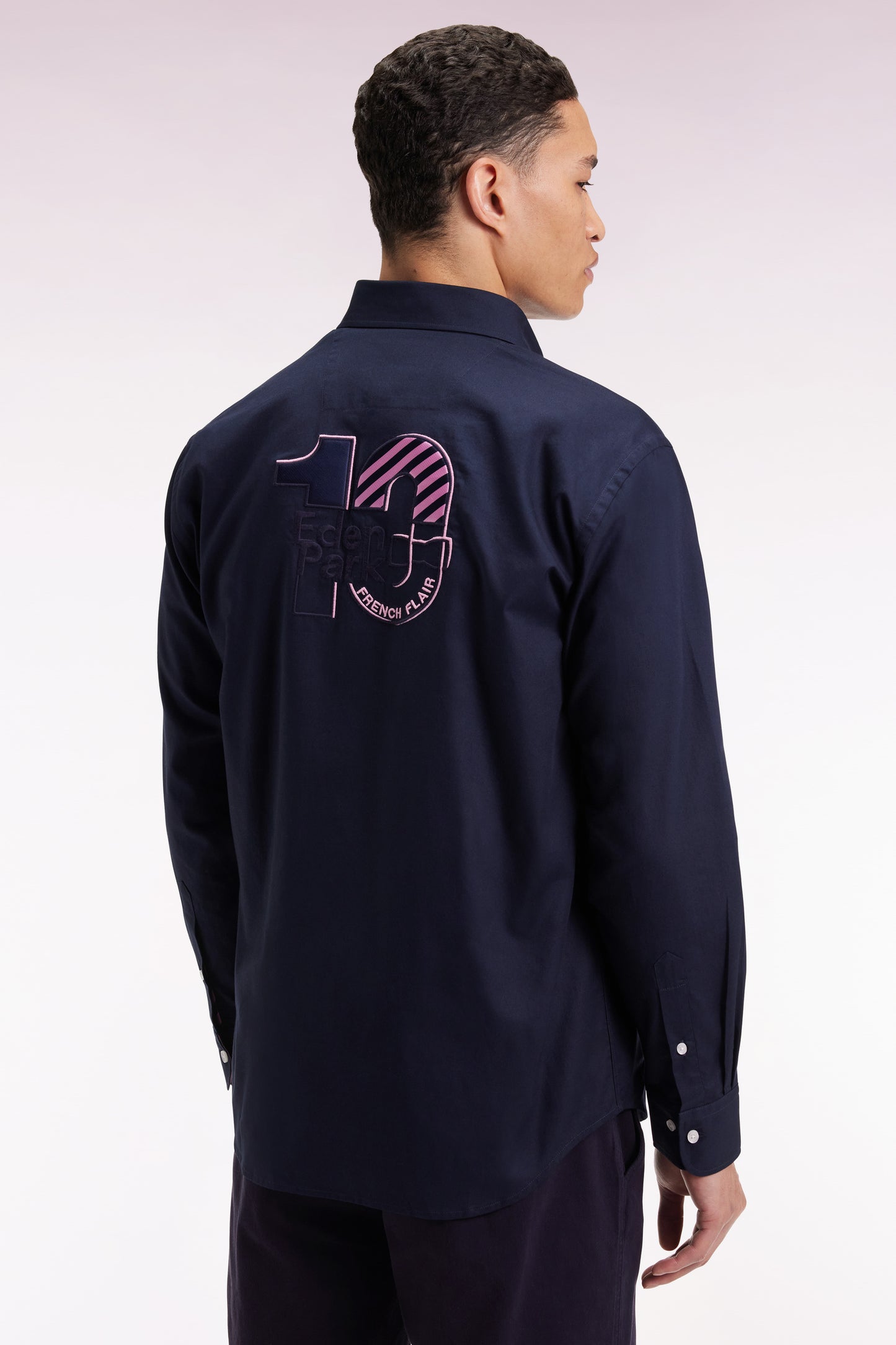 Navy pinpoint cotton shirt embroidery 10 back straight cut