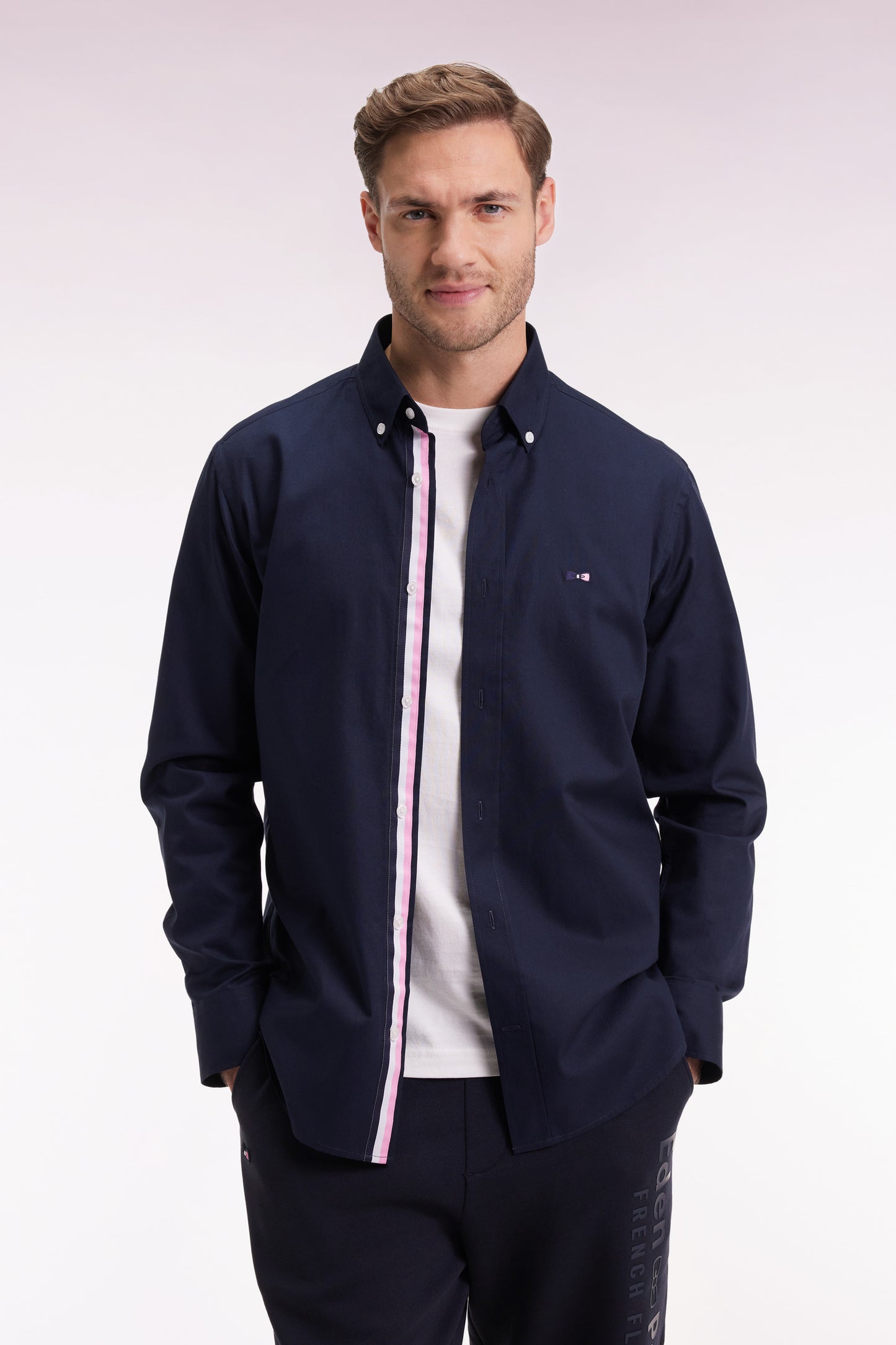 Navy pinpoint cotton shirt, embroidered back, straight cut
