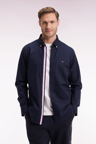 Navy pinpoint cotton shirt, embroidered back, straight cut