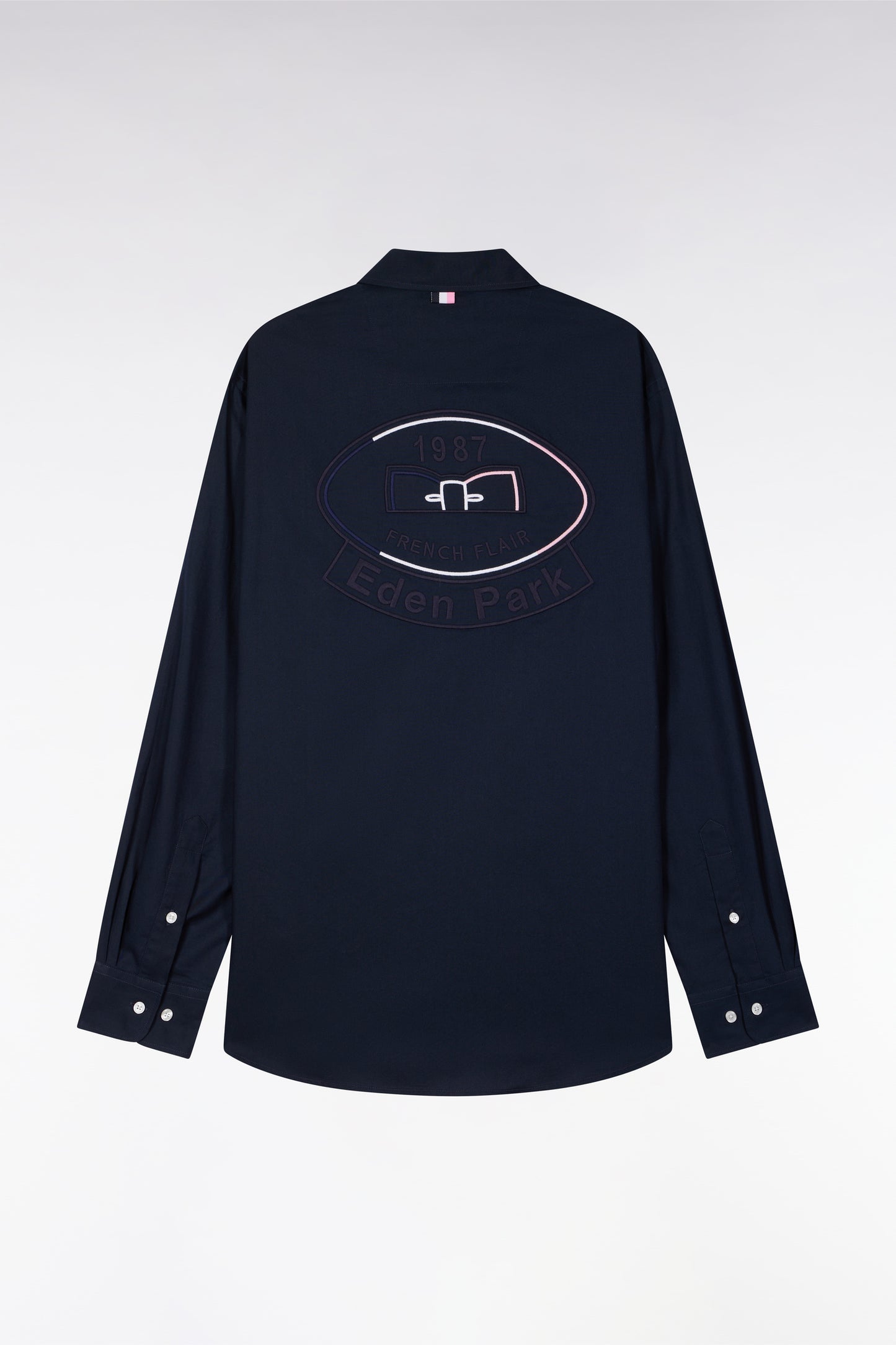 Navy pinpoint cotton shirt, embroidered back, straight cut