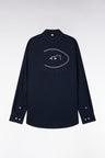 Navy pinpoint cotton shirt, embroidered back, straight cut