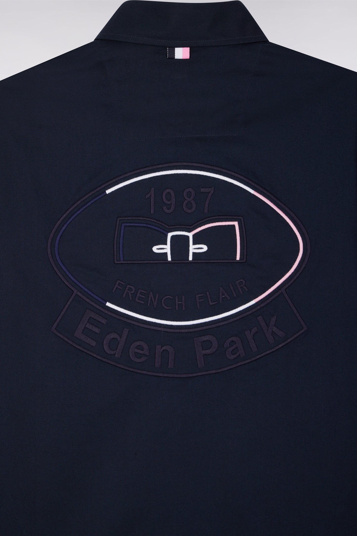 Navy pinpoint cotton shirt, embroidered back, straight cut