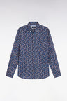 Blue cotton shirt with floral micropatterns, straight cut