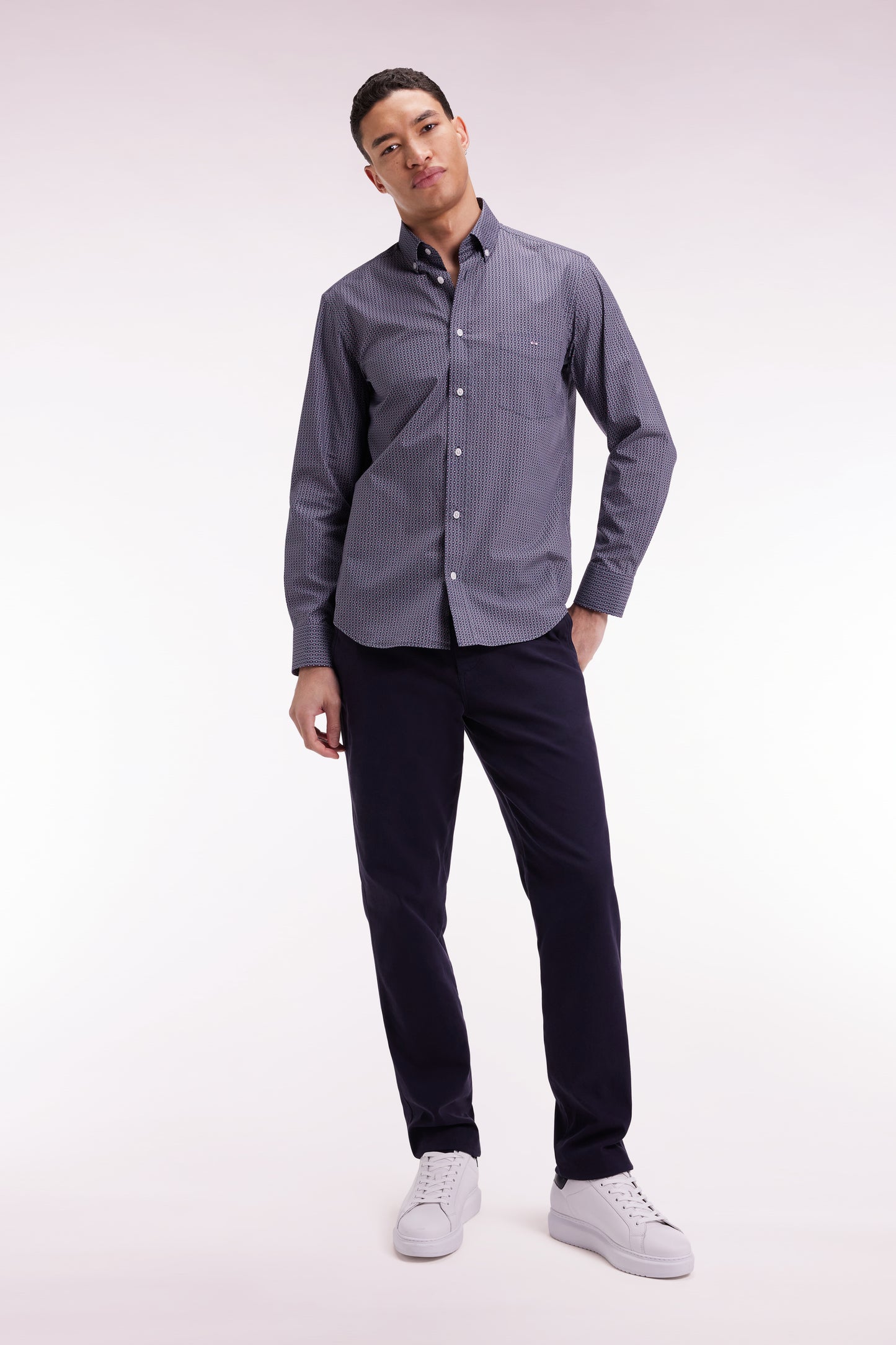 Navy cotton shirt with graphic micro-patterns, straight cut