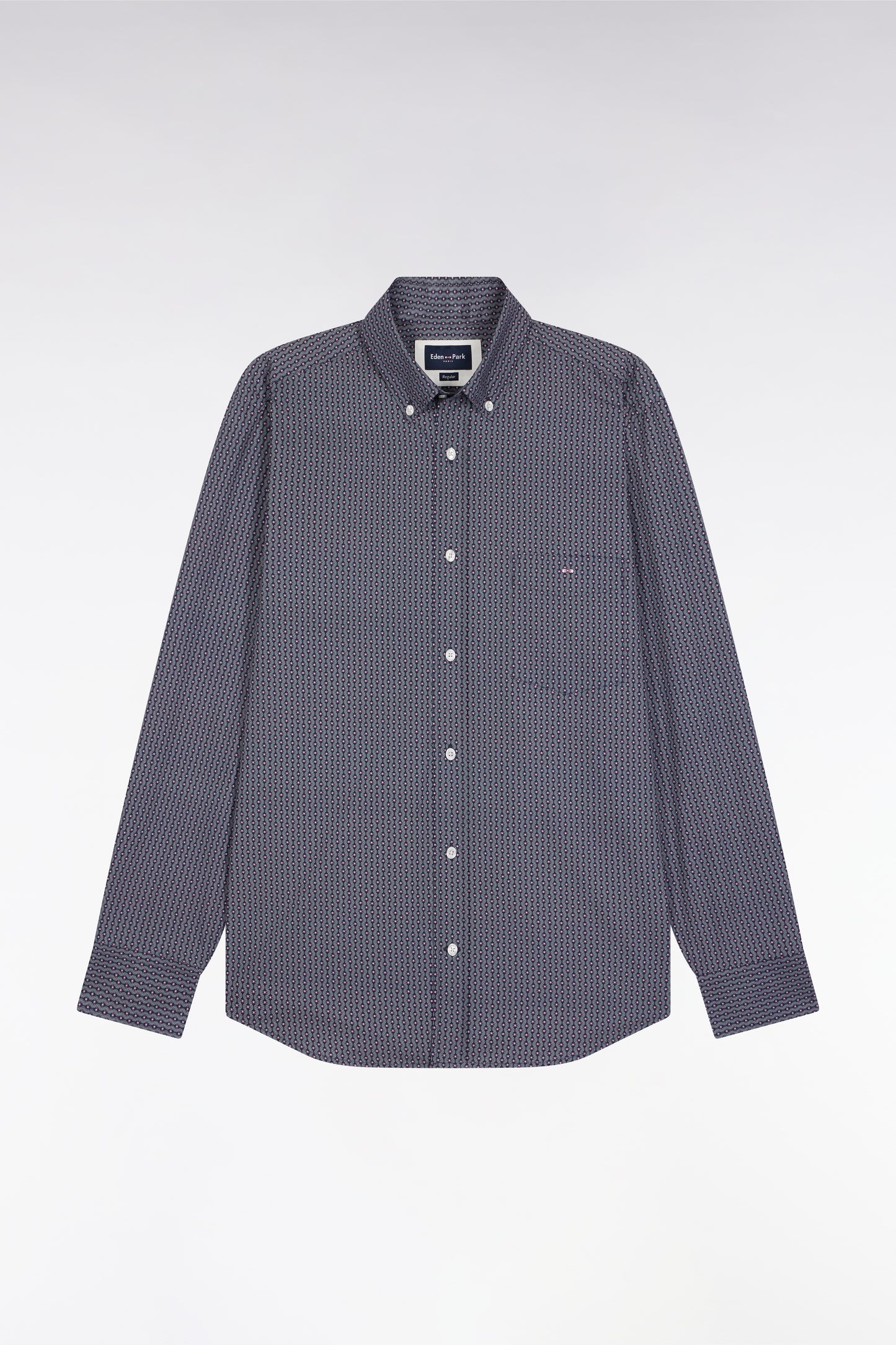 Navy cotton shirt with graphic micro-patterns, straight cut