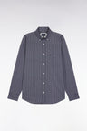 Navy cotton shirt with graphic micro-patterns, straight cut
