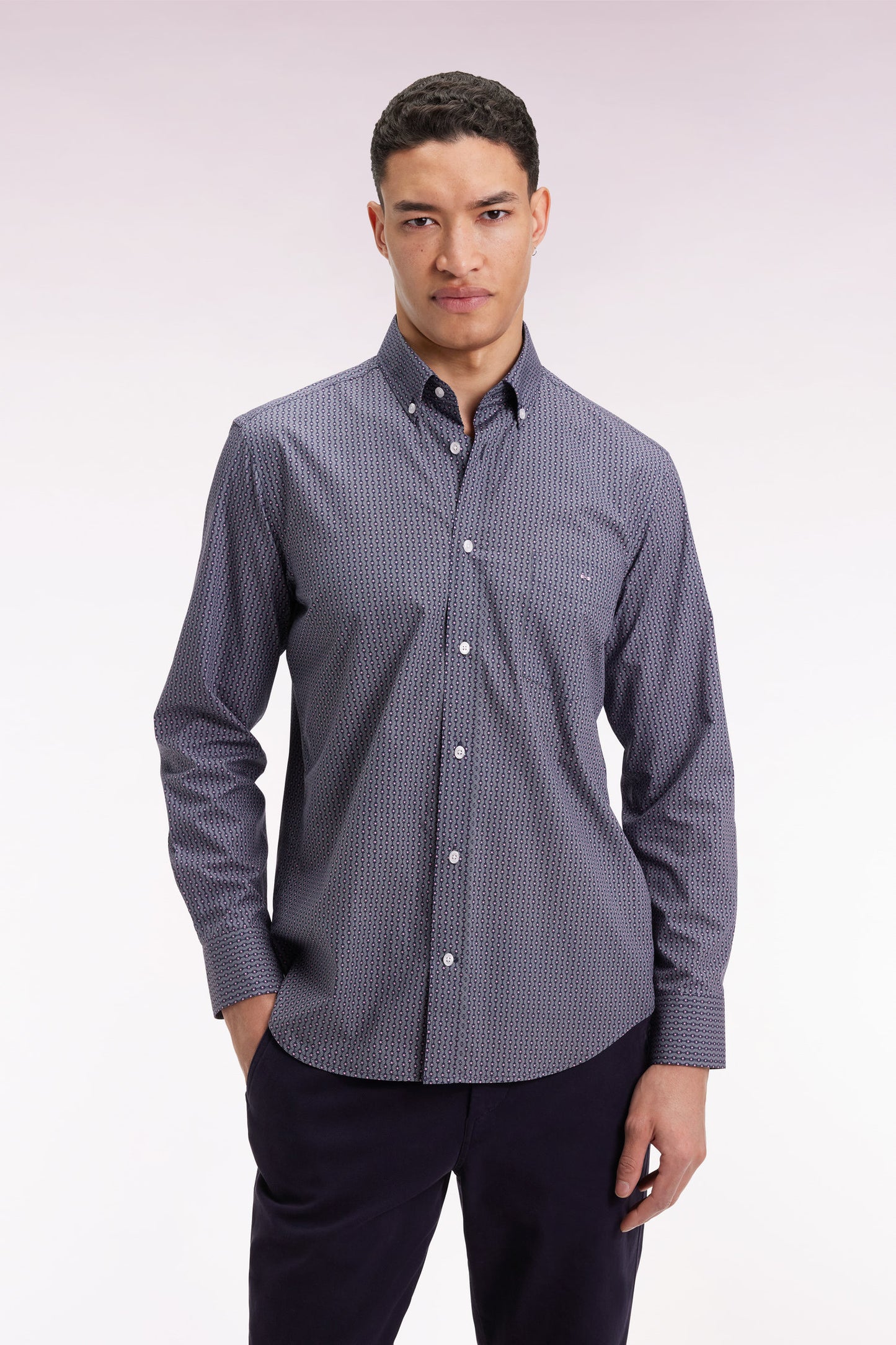 Navy cotton shirt with graphic micro-patterns, straight cut