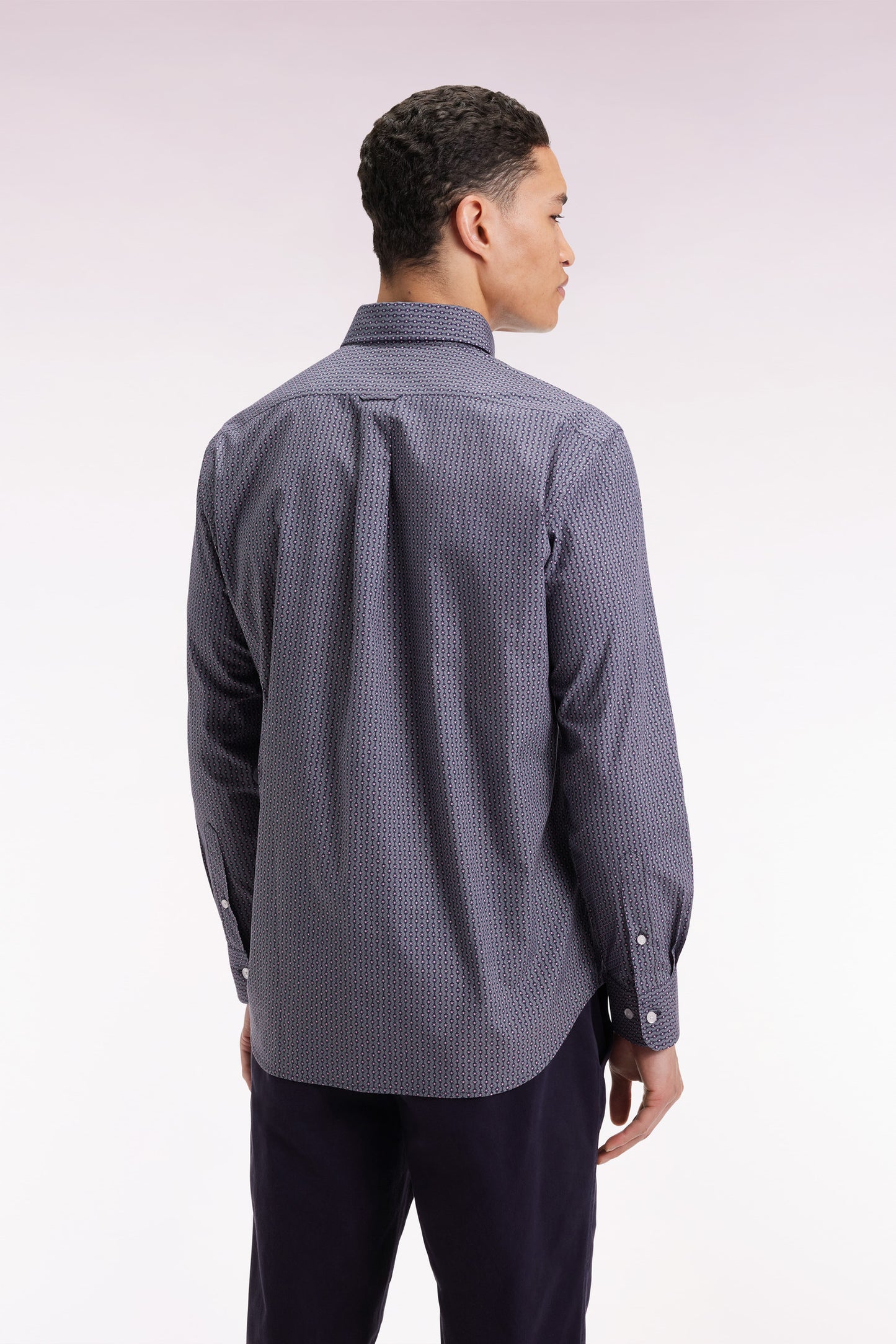 Navy cotton shirt with graphic micro-patterns, straight cut