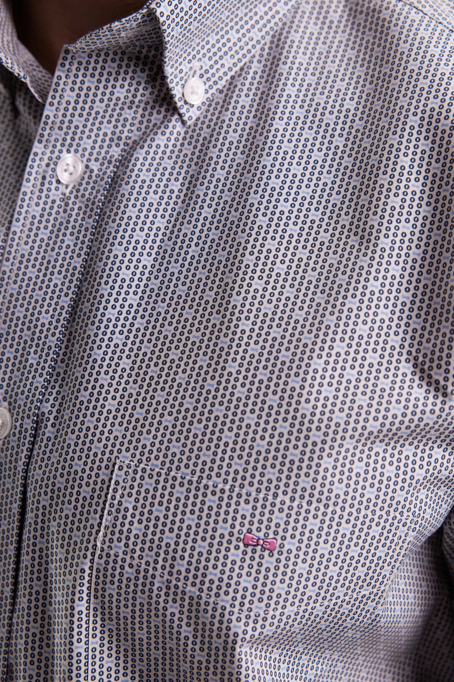 Cotton shirt with micro-patterned blue bow ties, straight cut