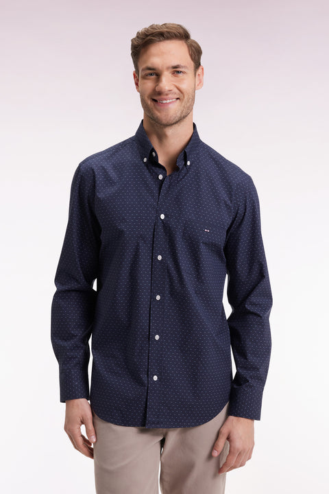 Chemise en coton à micro-motifs nœuds papillon marine coupe droite - Image 1