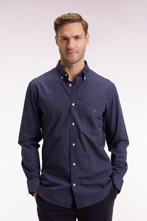 Chemise en coton marine à micro-motifs nœuds papillon coupe droite - Image 1