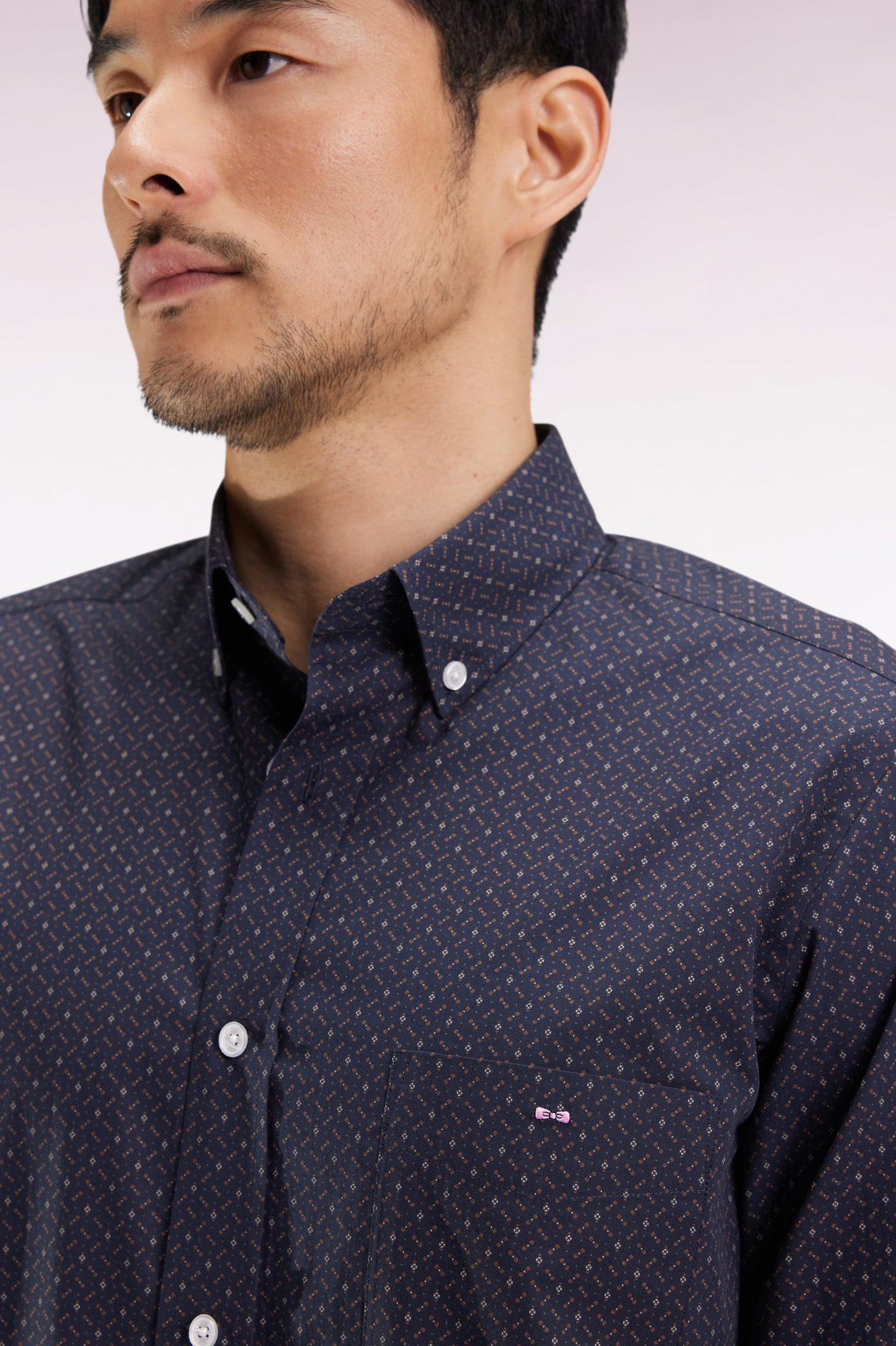 Brown cotton shirt with micro-patterns, straight cut