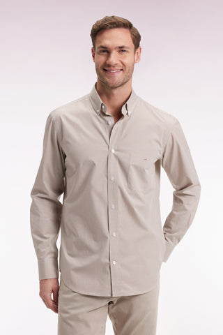Gingham shirt in beige cotton poplin, straight cut