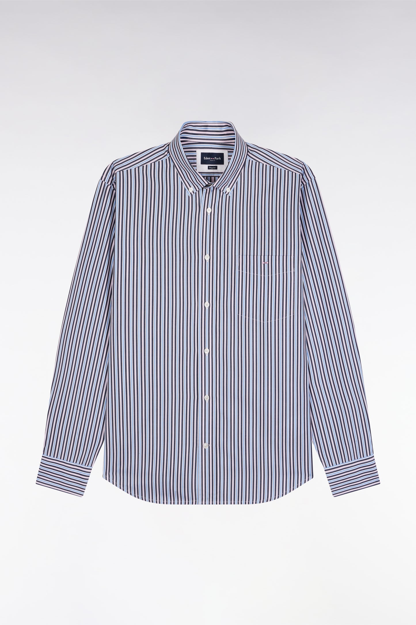 Navy cotton shirt with contrasting stripes, straight cut