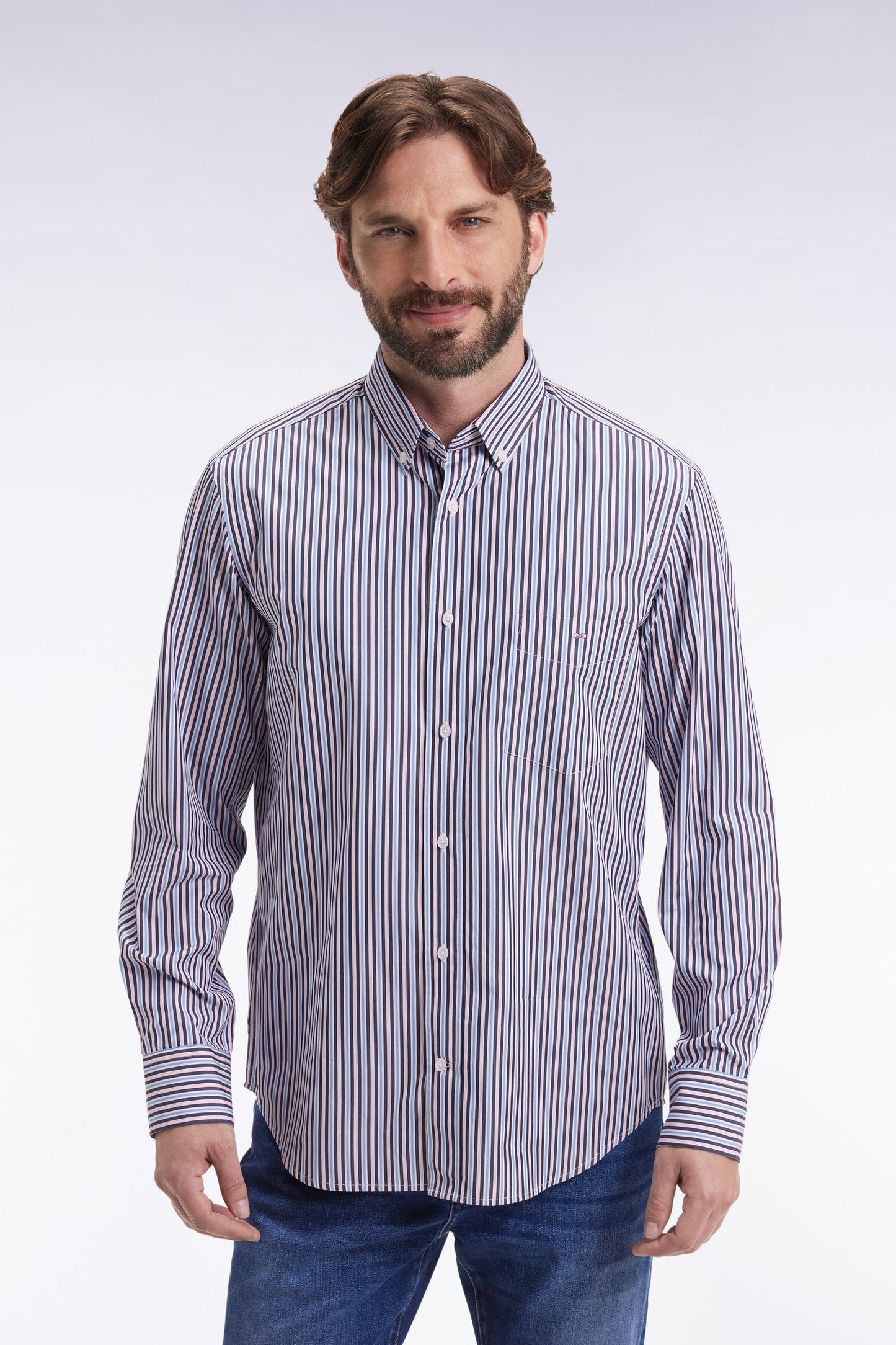 Navy cotton shirt with contrasting stripes, straight cut