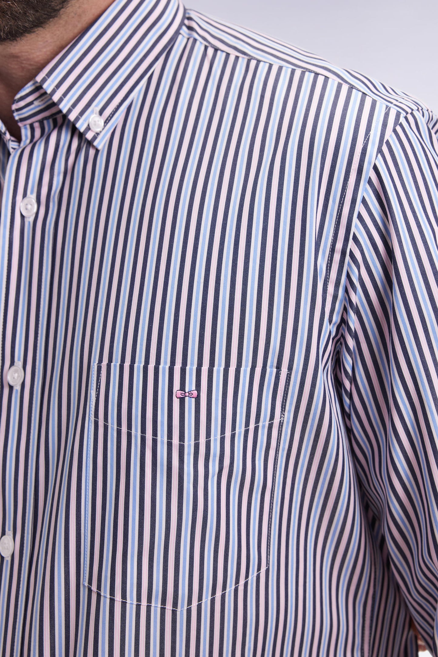 Navy cotton shirt with contrasting stripes, straight cut