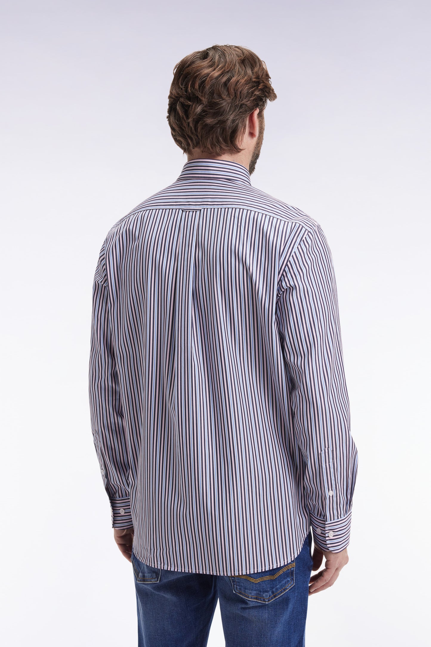 Navy cotton shirt with contrasting stripes, straight cut