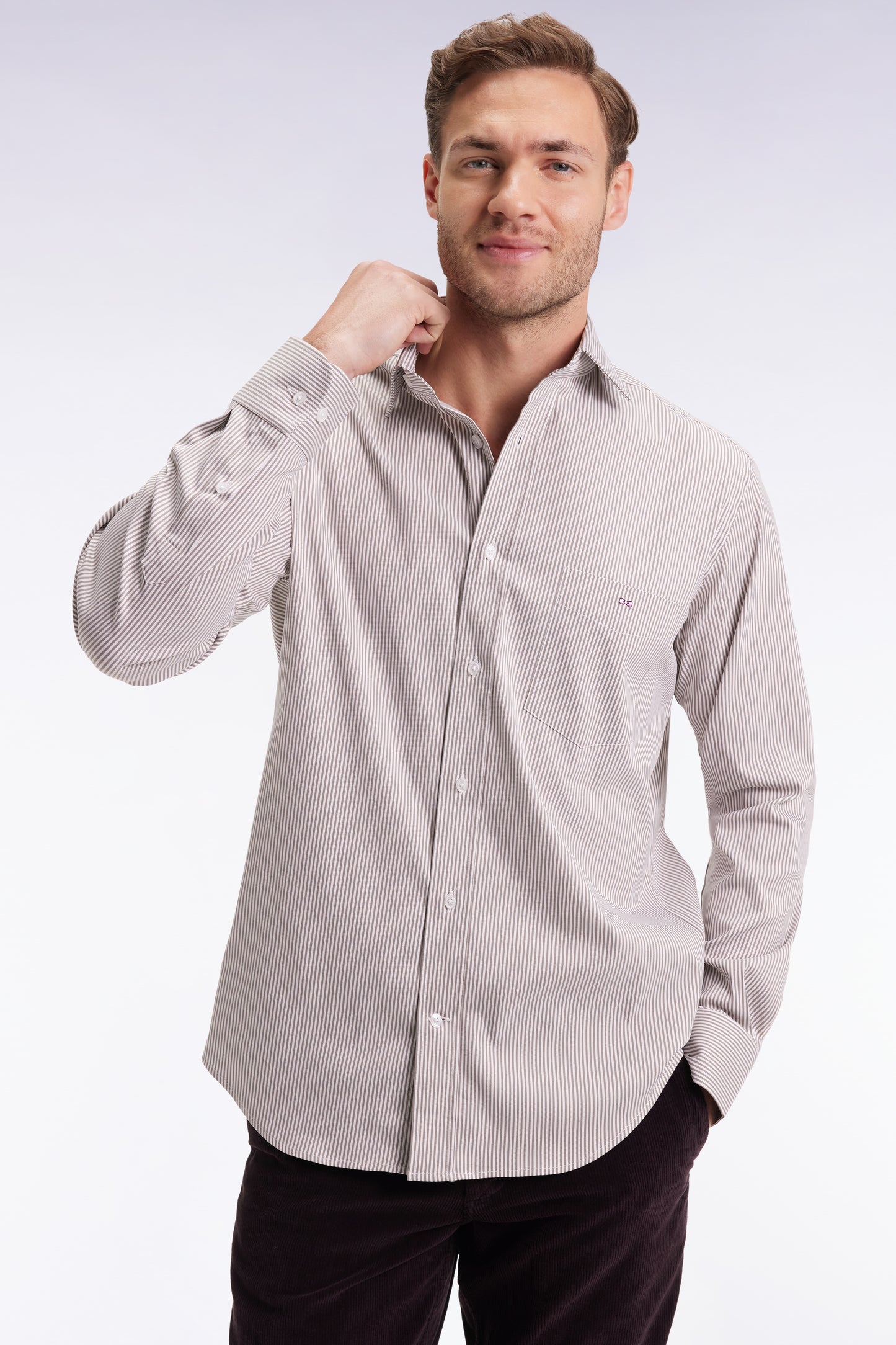 Chemise rayée en coton Pima biologique stretch beige