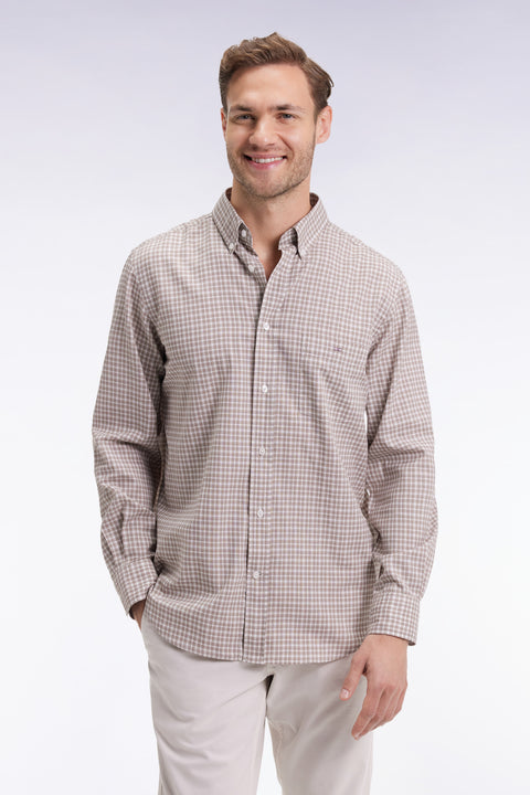 Chemise en coton à carreaux beige coupe droite - Image 1