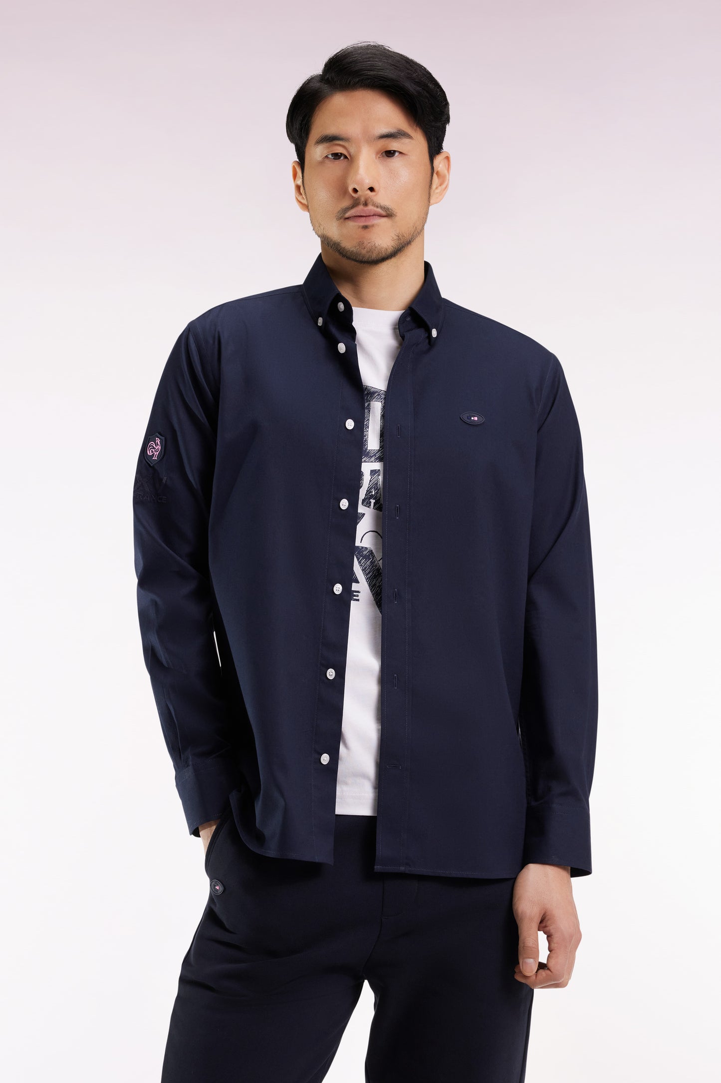 Navy cotton shirt with XV de France embroidery, straight cut