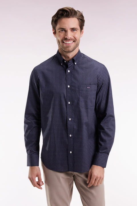 Straight-cut cotton shirt with navy micropatterns - Image 1