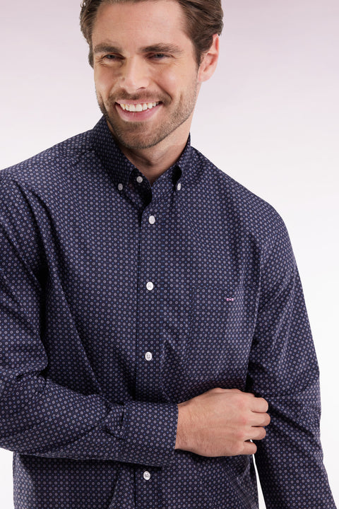 Straight-cut cotton shirt with navy micropatterns - Image 3
