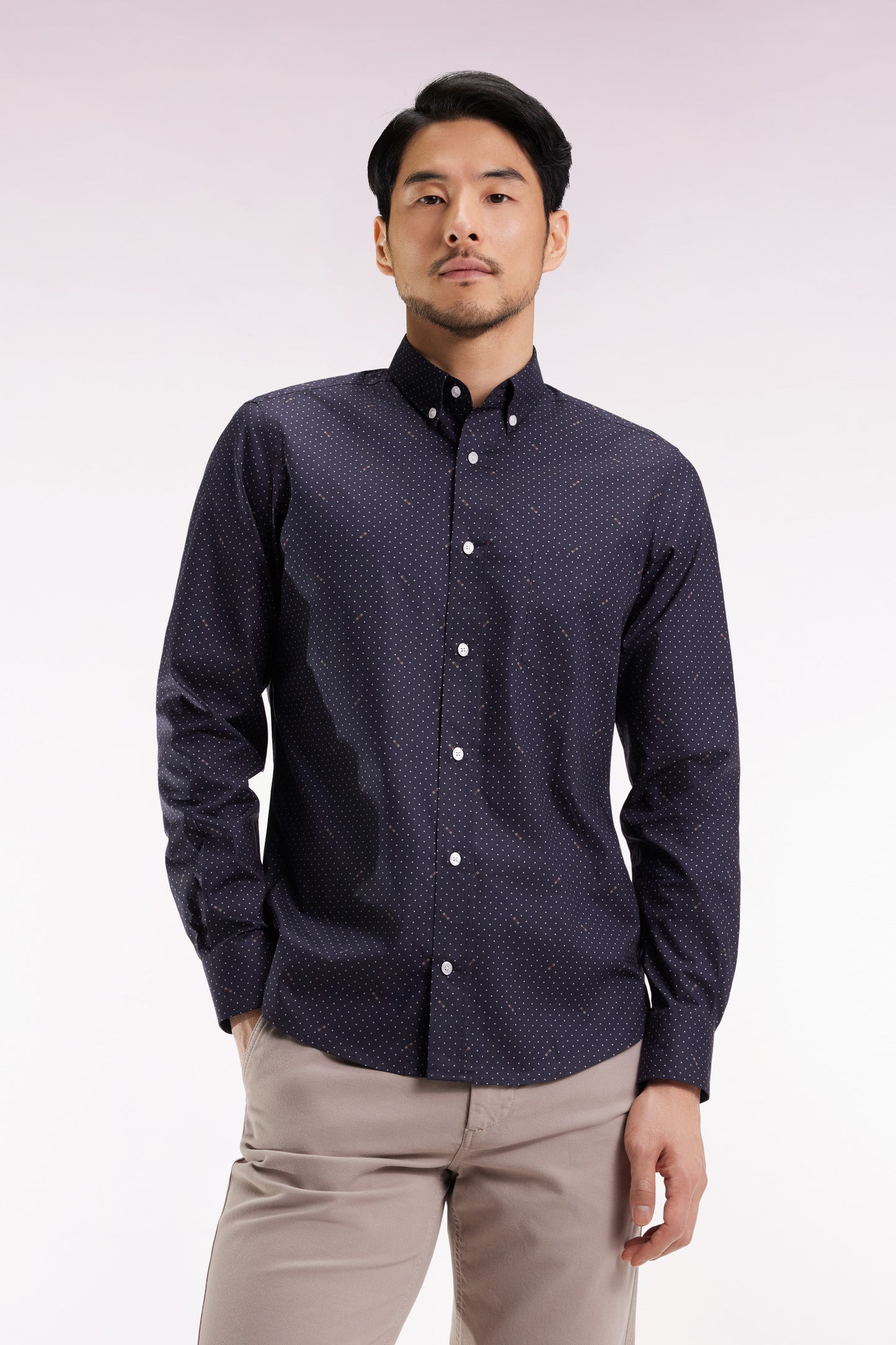 Black Pima cotton shirt with micro-patterned polka dots, slim fit