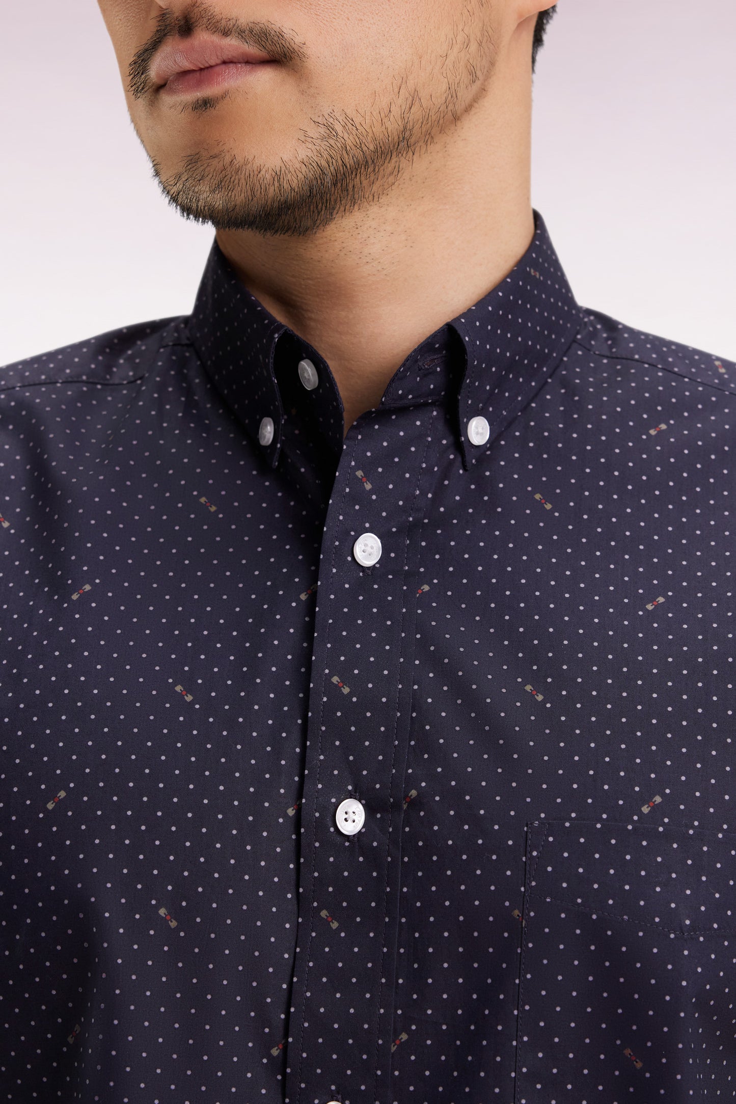 Black Pima cotton shirt with micro-patterned polka dots, slim fit