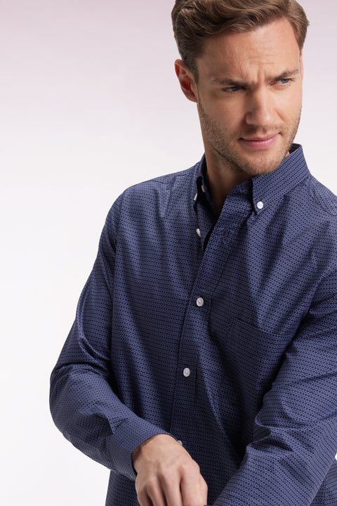 Slim-fit navy Pima cotton shirt with micro-patterns - Image 3