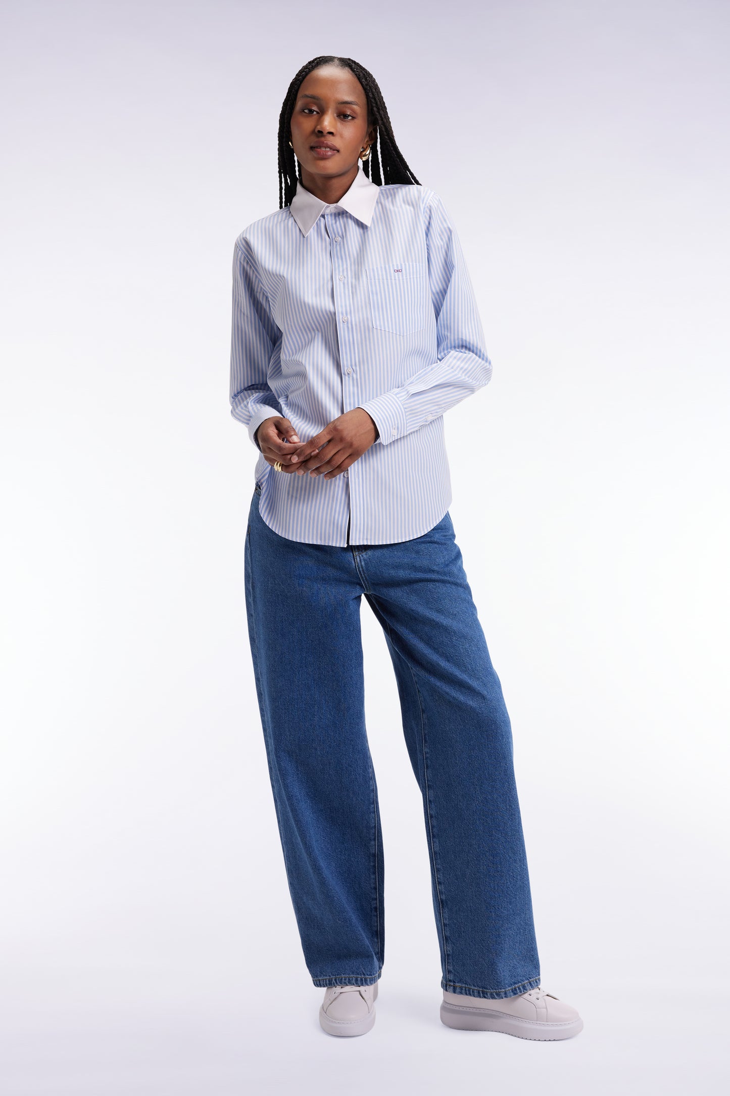 Slim-fit shirt in sky and white striped cotton poplin