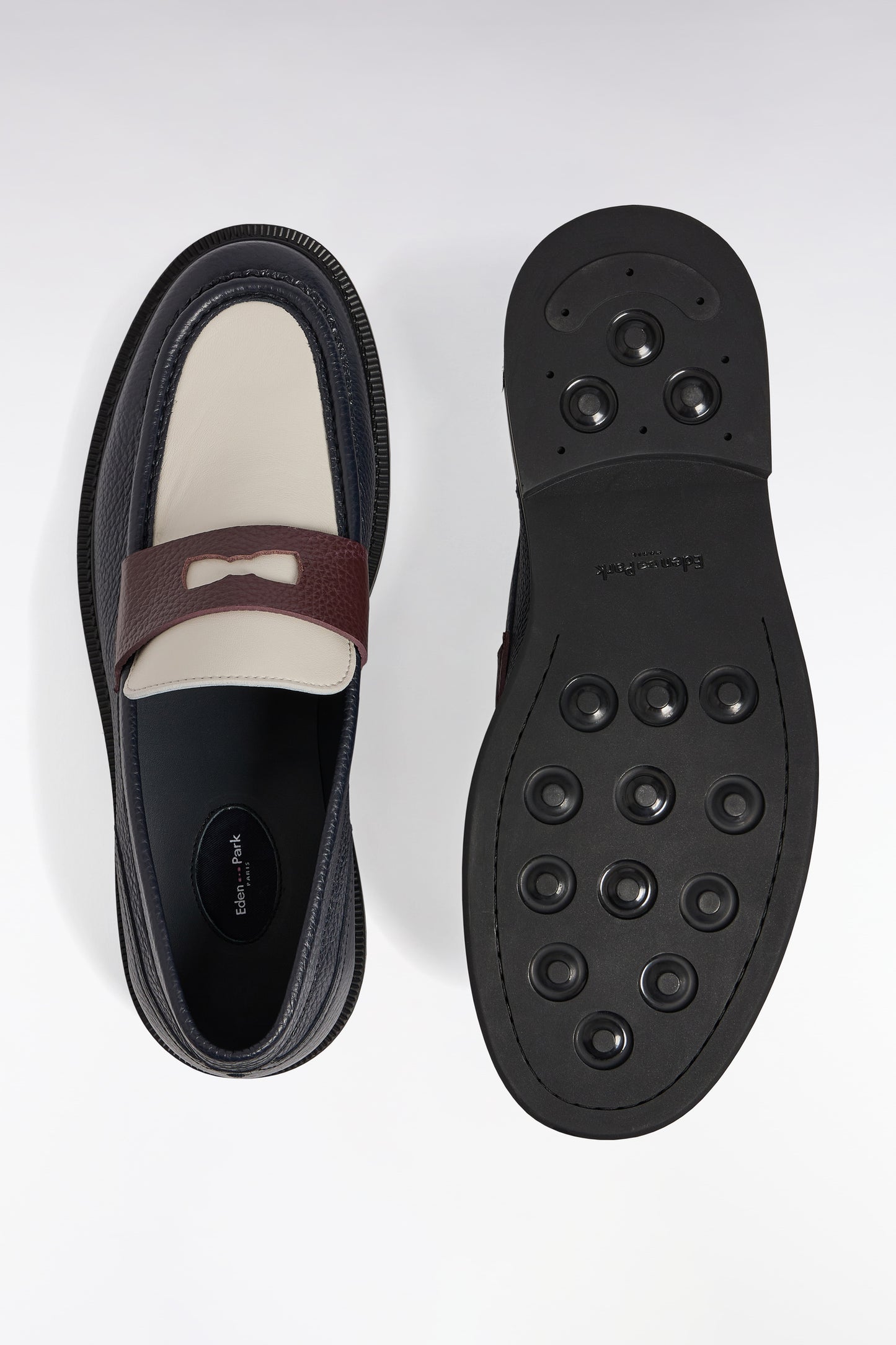 Off-white and brown navy grained leather loafers