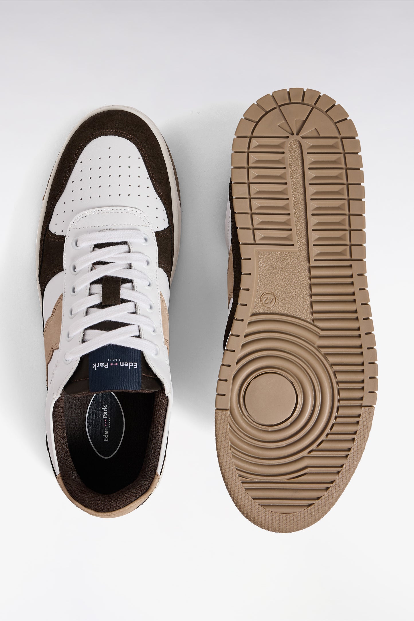 Two-tone sneakers in smooth white leather and brown suede leather