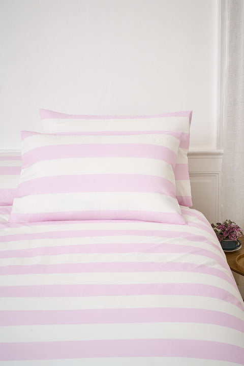 Set of rectangular pillowcases in white cotton with pink stripes - Image 1