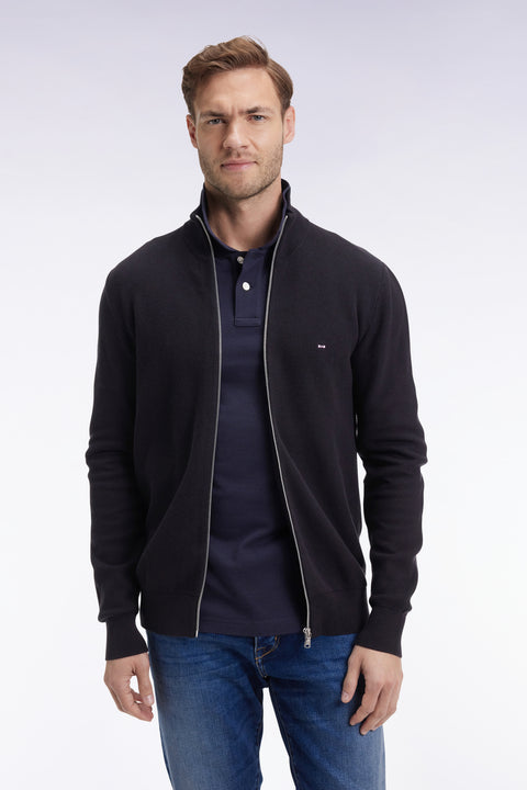 Cardigan en coton nid d'abeille noir coupe droite - Image 1