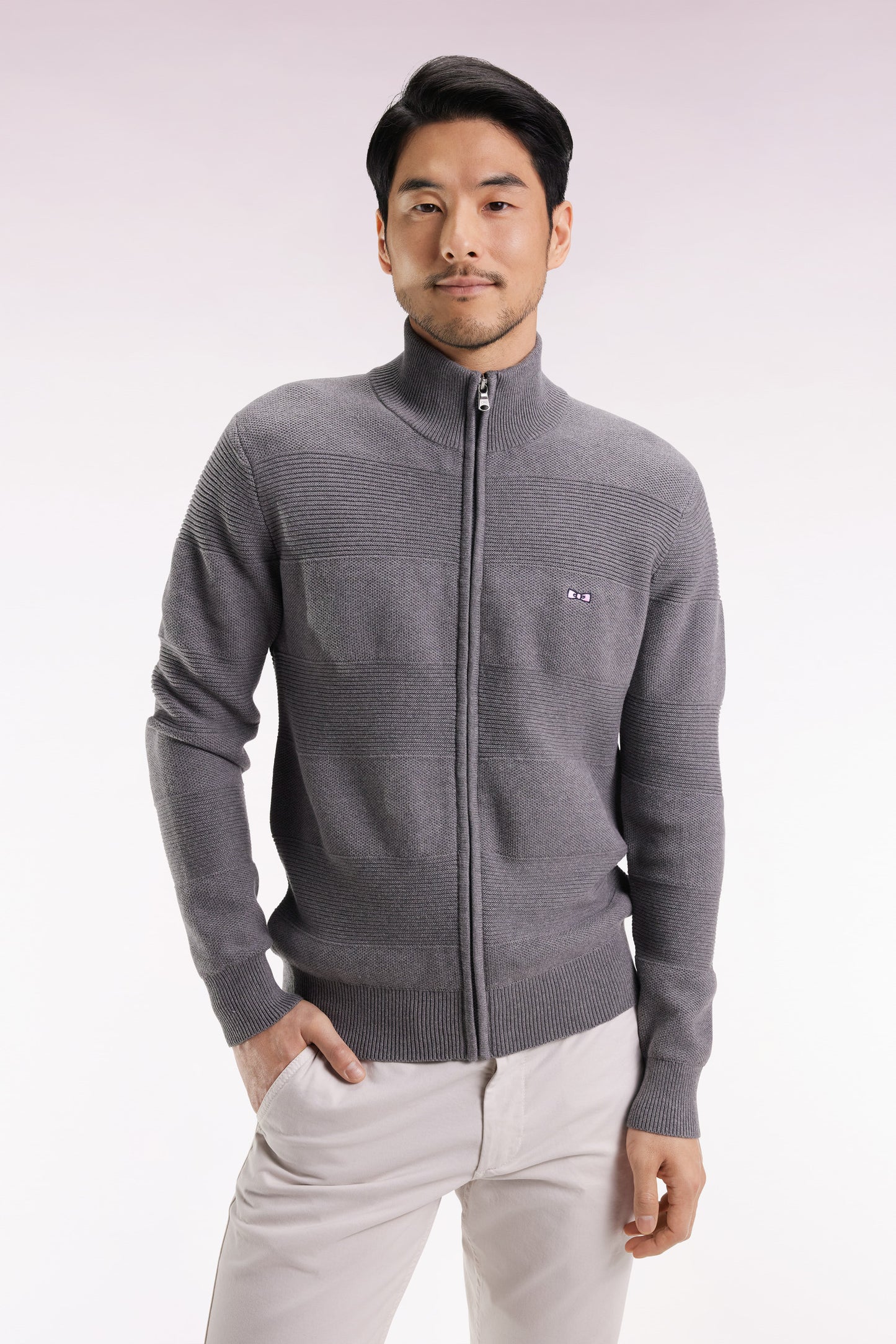 Cardigan zippé en coton nid d'abeille gris coupe droite