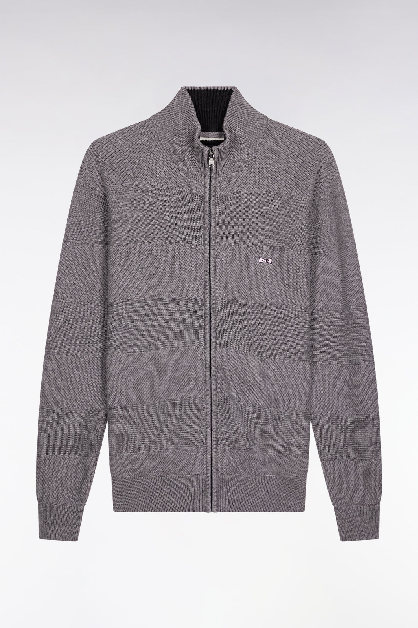 Cardigan zippé en coton nid d'abeille gris coupe droite