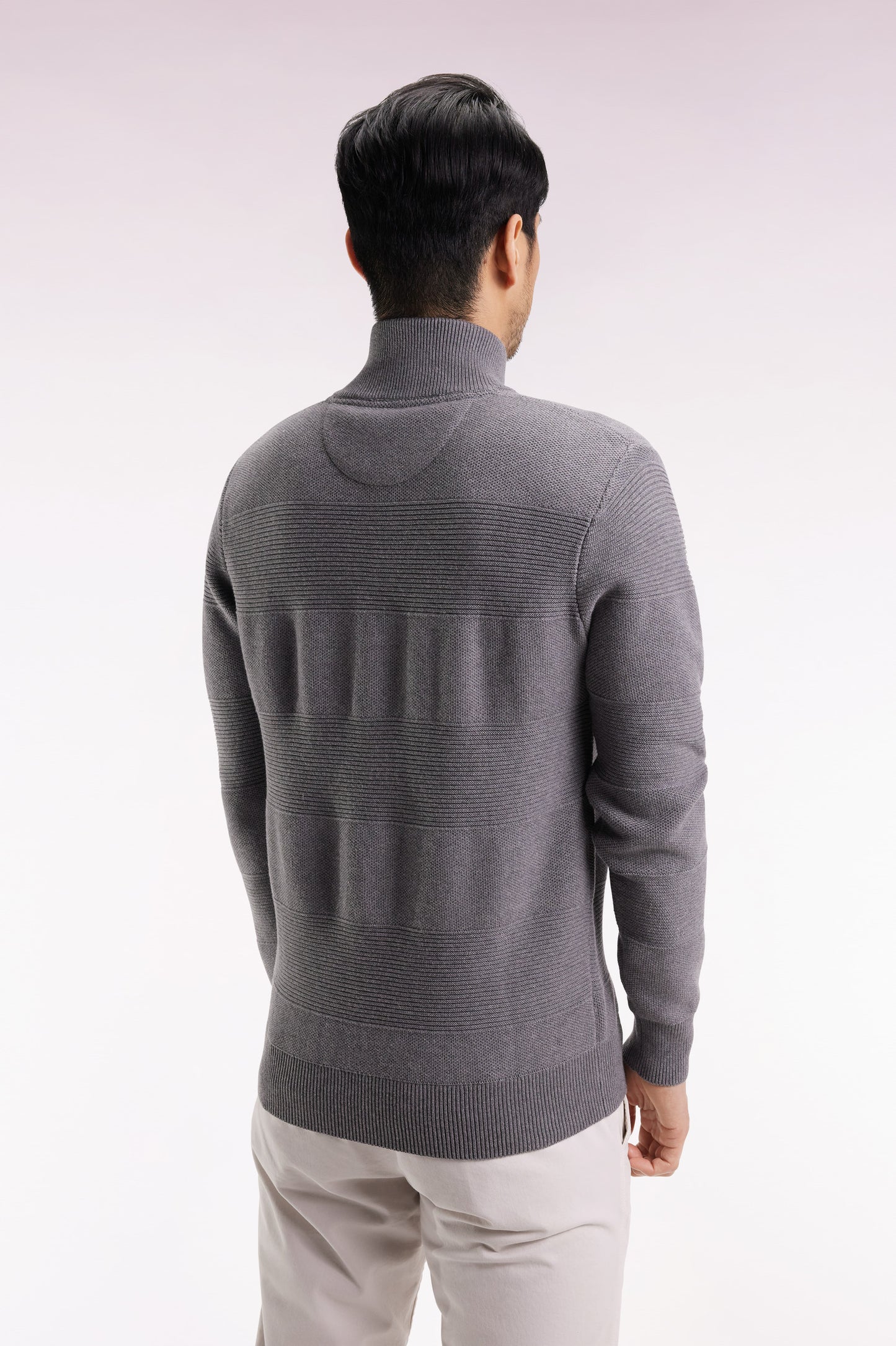 Cardigan zippé en coton nid d'abeille gris coupe droite