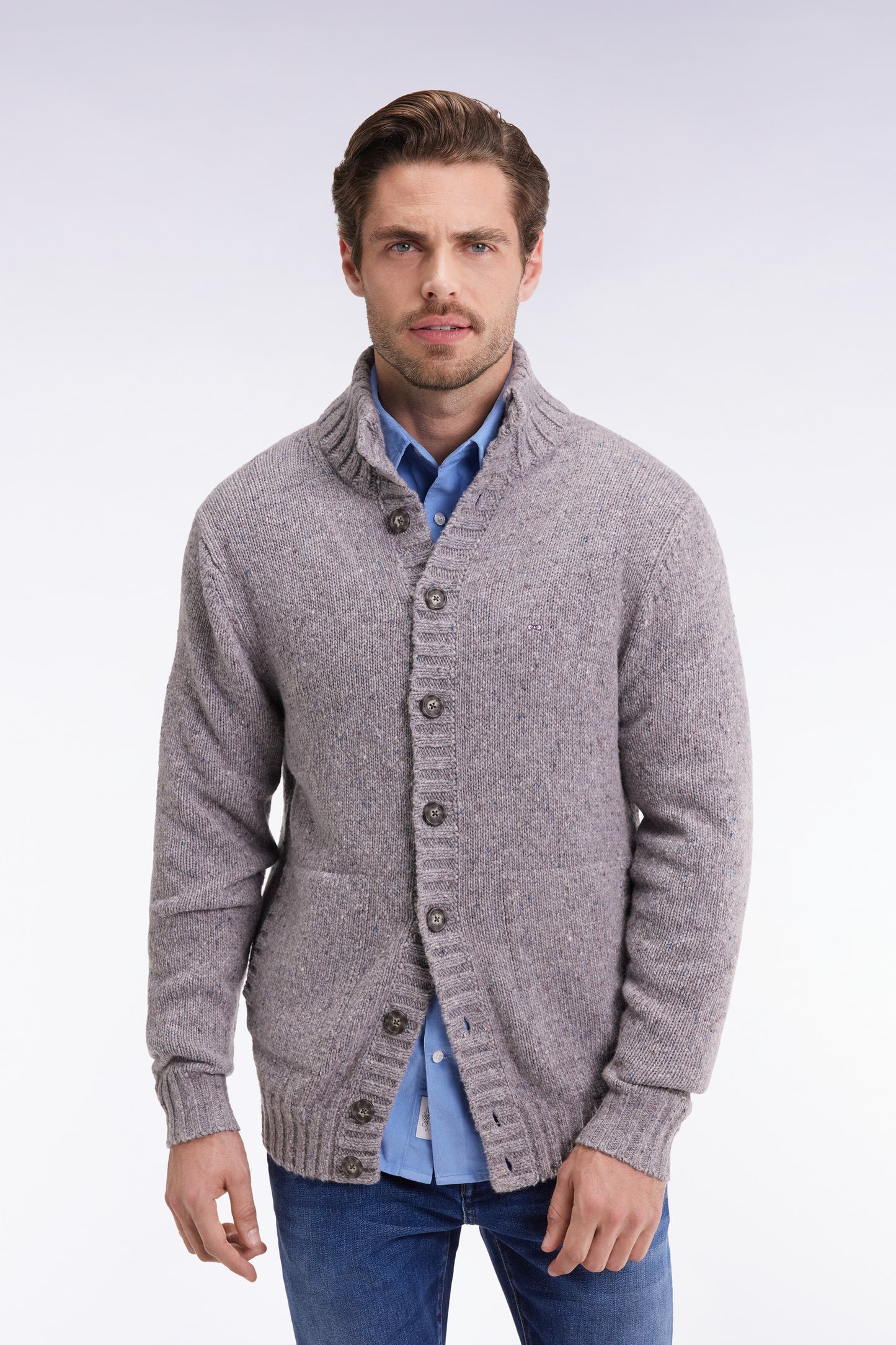 Cardigan en laine vierge et alpaga mélangés gris coupe droite
