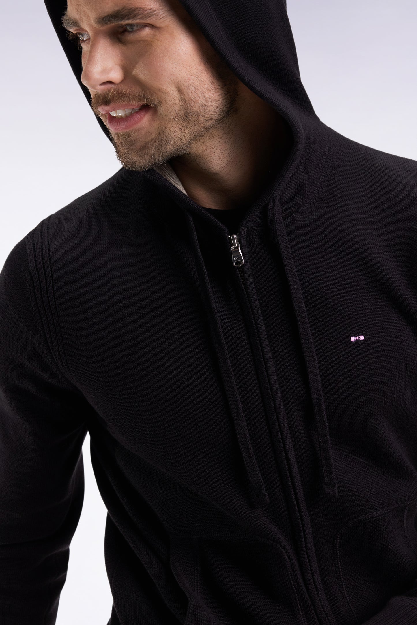 Black cotton zip-up hoodie, straight cut