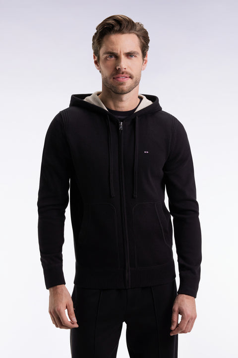 Pull à capuche zippé en coton noir coupe droite - Image 1