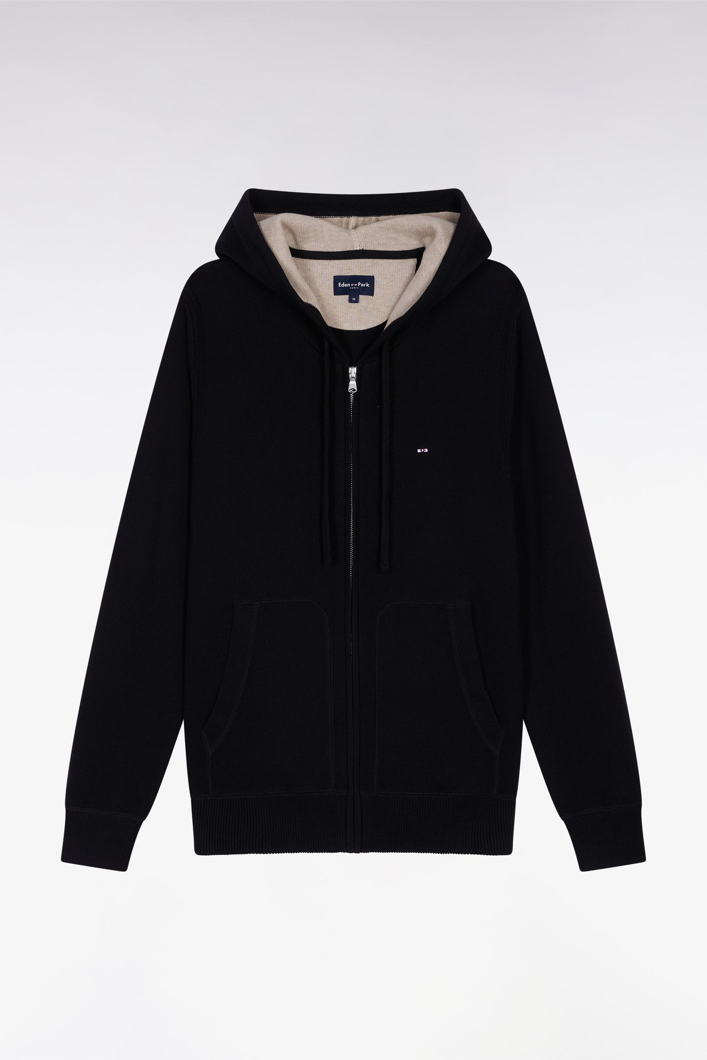 Black cotton zip-up hoodie, straight cut