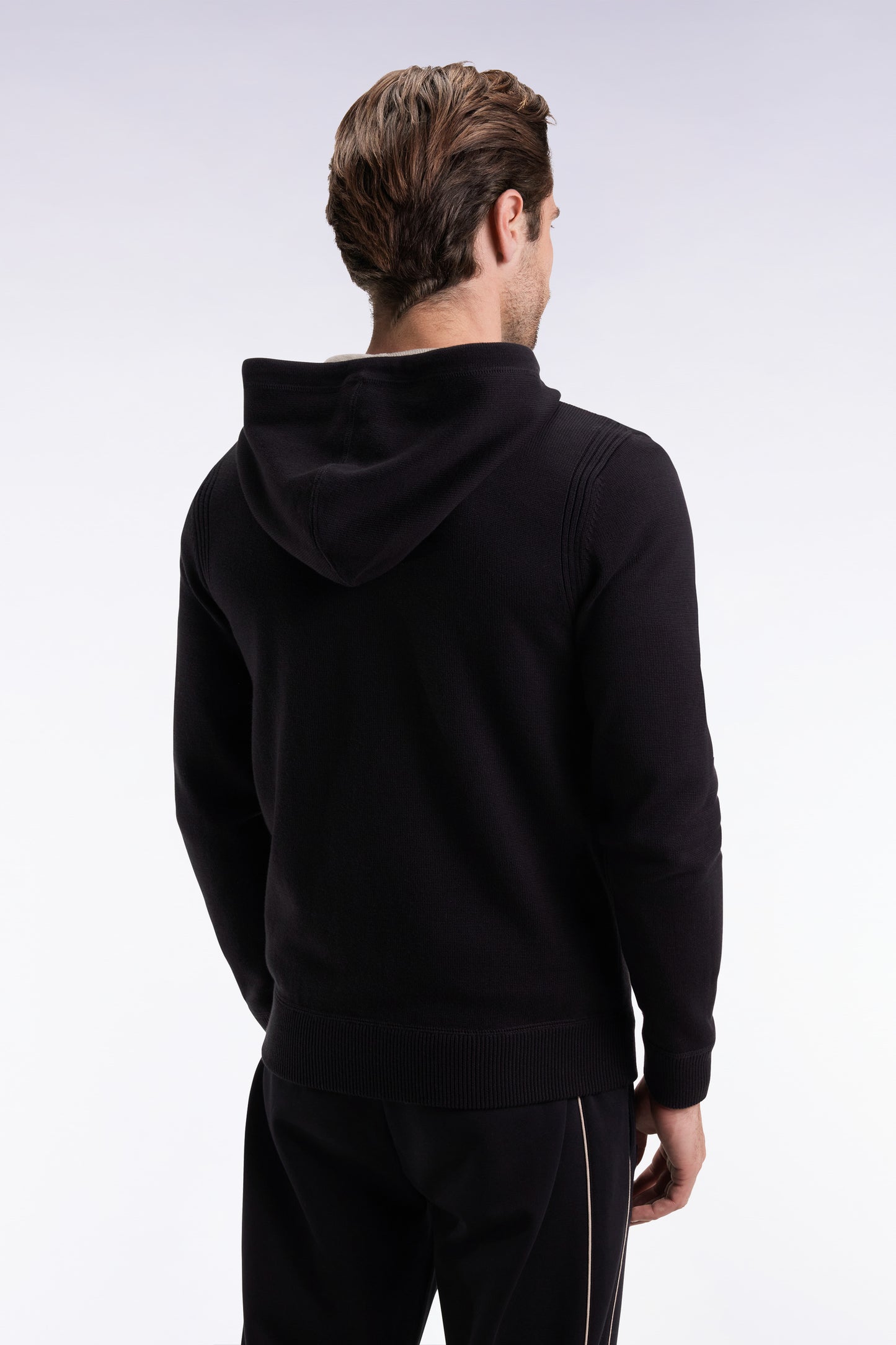 Black cotton zip-up hoodie, straight cut