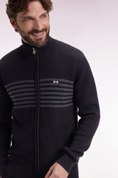 Cardigan zippé en coton noir à rayures grises coupe droite - Image 3