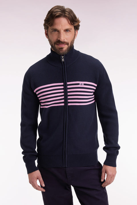 Cardigan zippé en coton marine à rayures roses coupe droite - Image 1