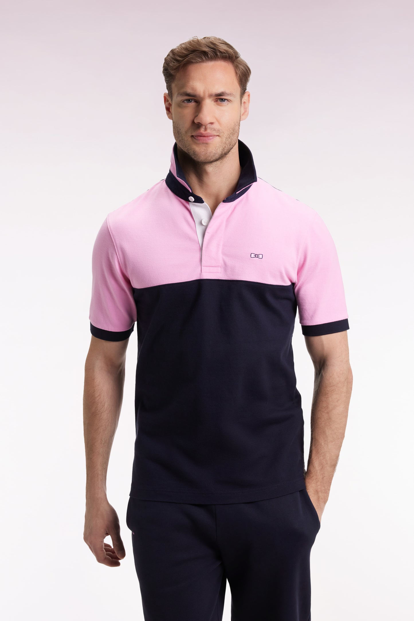 Short-sleeved jersey in two-tone navy and pink cotton