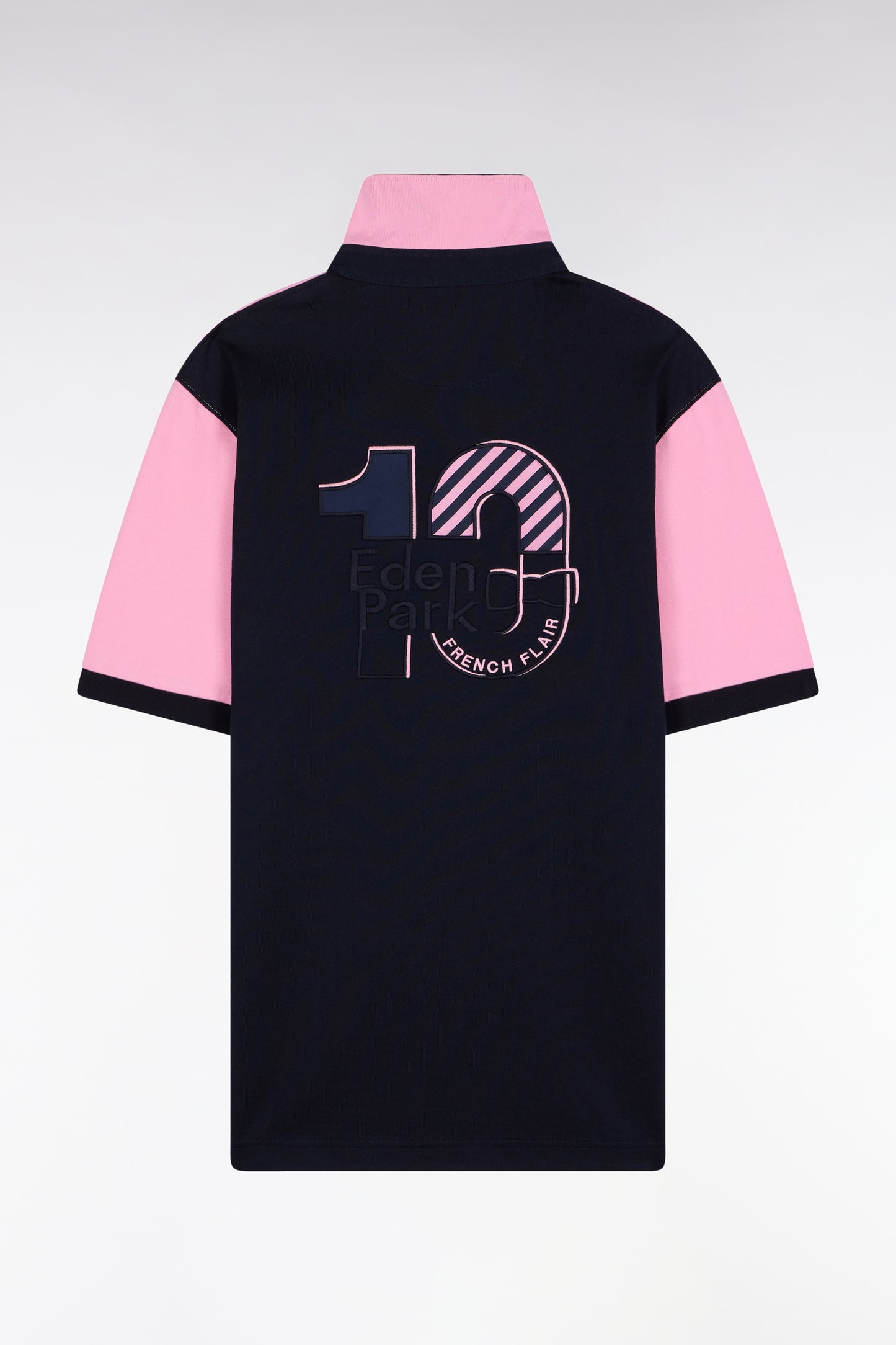 Short-sleeved jersey in two-tone navy and pink cotton