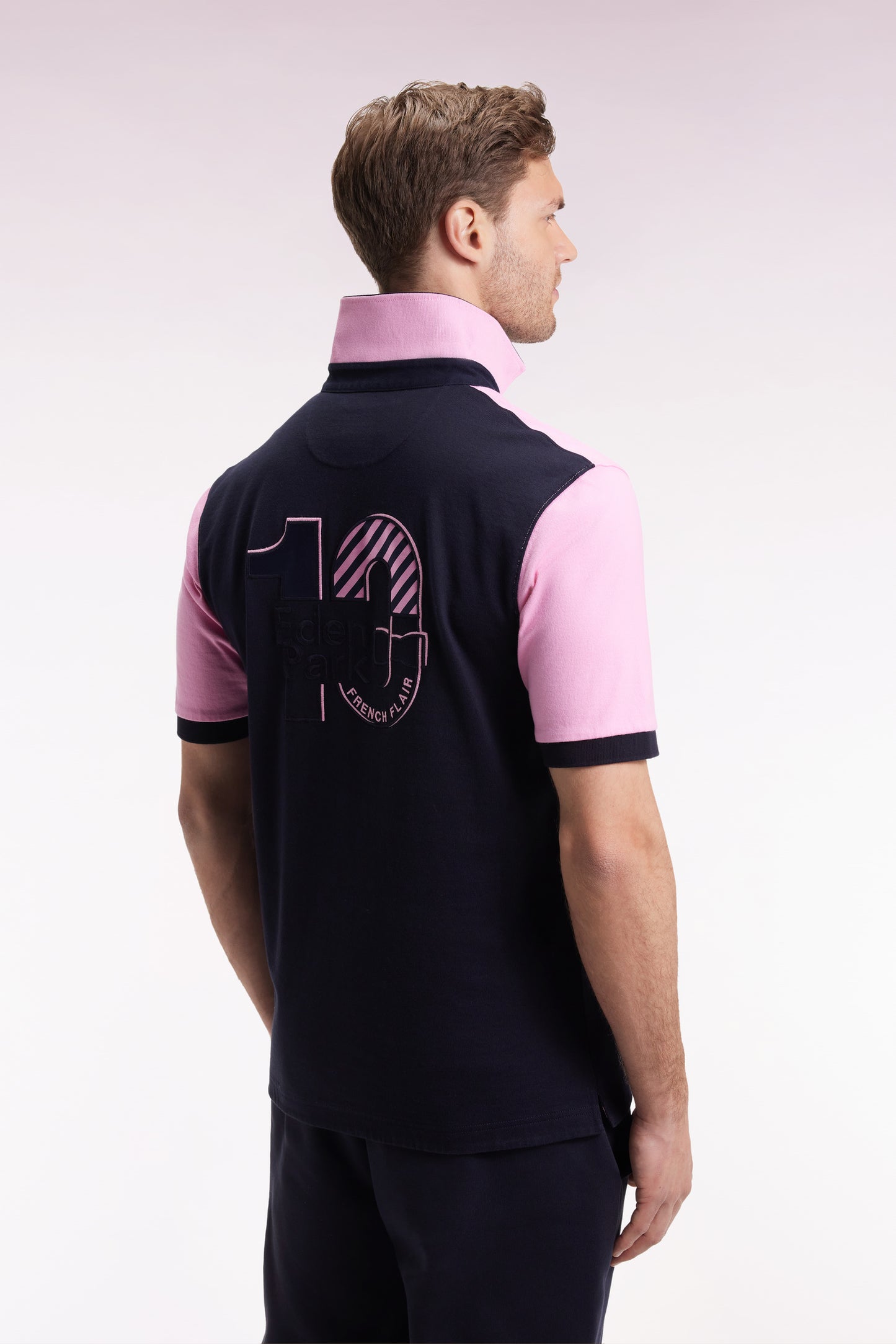 Short-sleeved jersey in two-tone navy and pink cotton