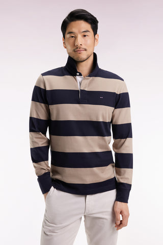 Long-sleeved jersey with beige and black rugby stripes